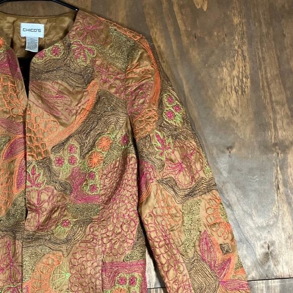 Chicos Womens Jacket Orange Brown Floral Embroidered Hook & Eye Closure 0 (S) - Picture 5 of 11